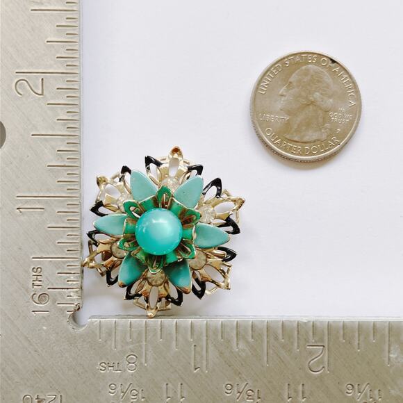 VTG Mid Century Brooch Moonglow Cab Floral Blue Enamel Rhinestones Gold Tone Pin - Picture 8 of 9